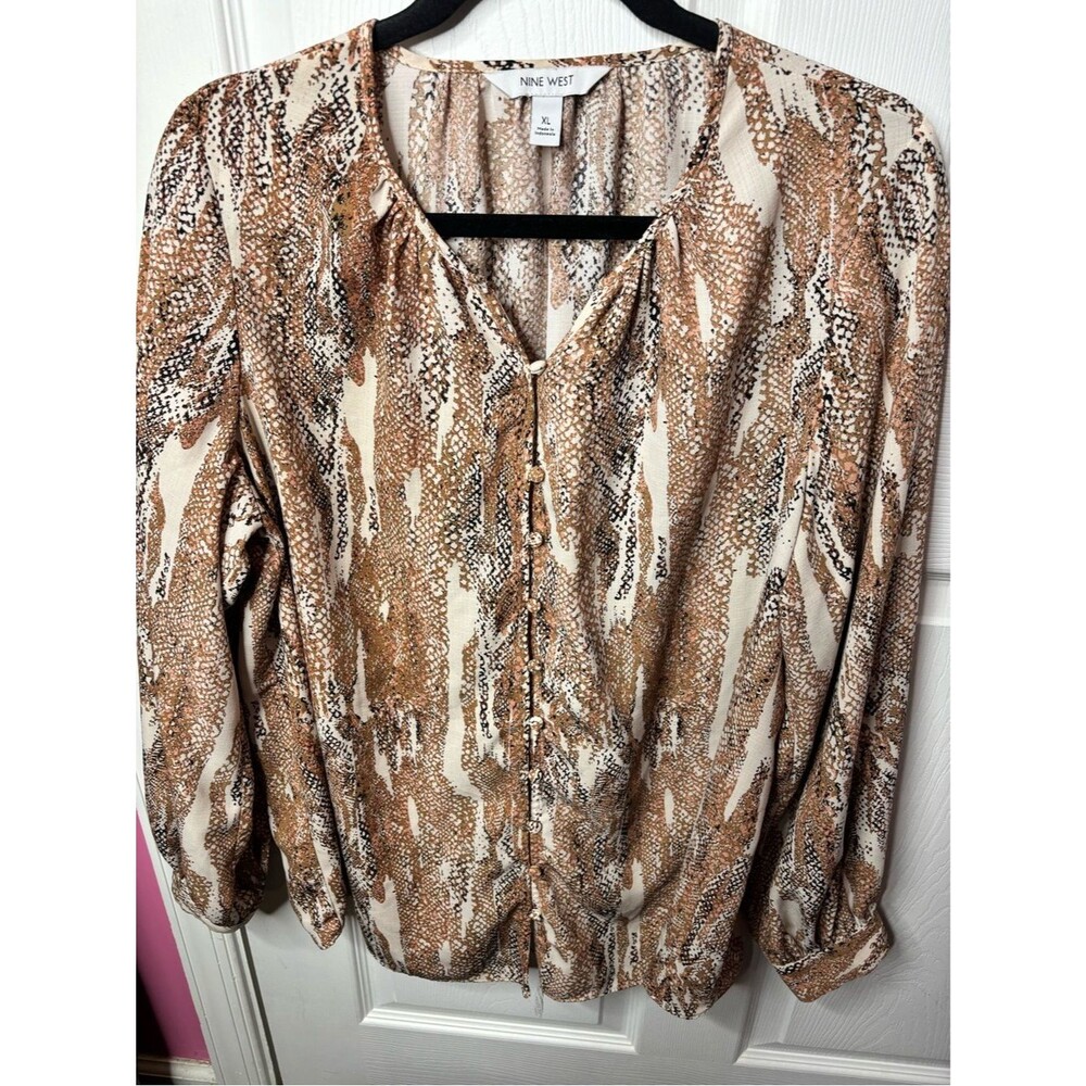 Nine West Brown & Cream Snake-Print Button Front Blouse